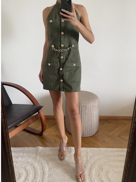 Balmain Dresses & Skirts - BALMAIN Military Green Khaki Cotton Halter Mini Dress with Gold Chain Belt